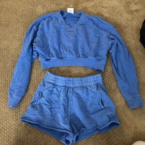 Aerie Blue Cropped Sweatshirt and Shorts Set